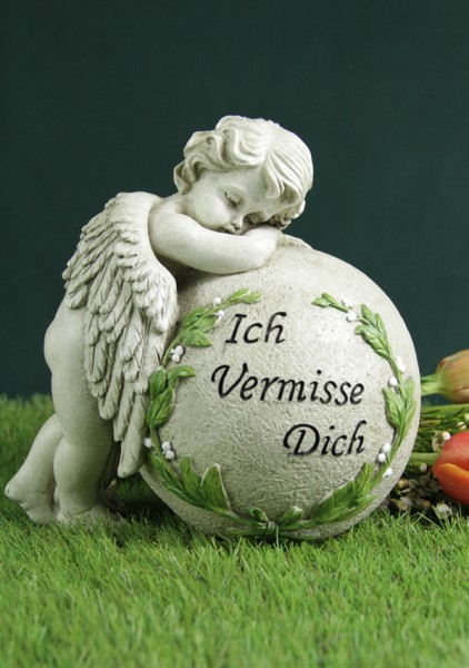 Grabengel an Kugel gelehnt "Ich vermisse Dich" | Grabschmuck